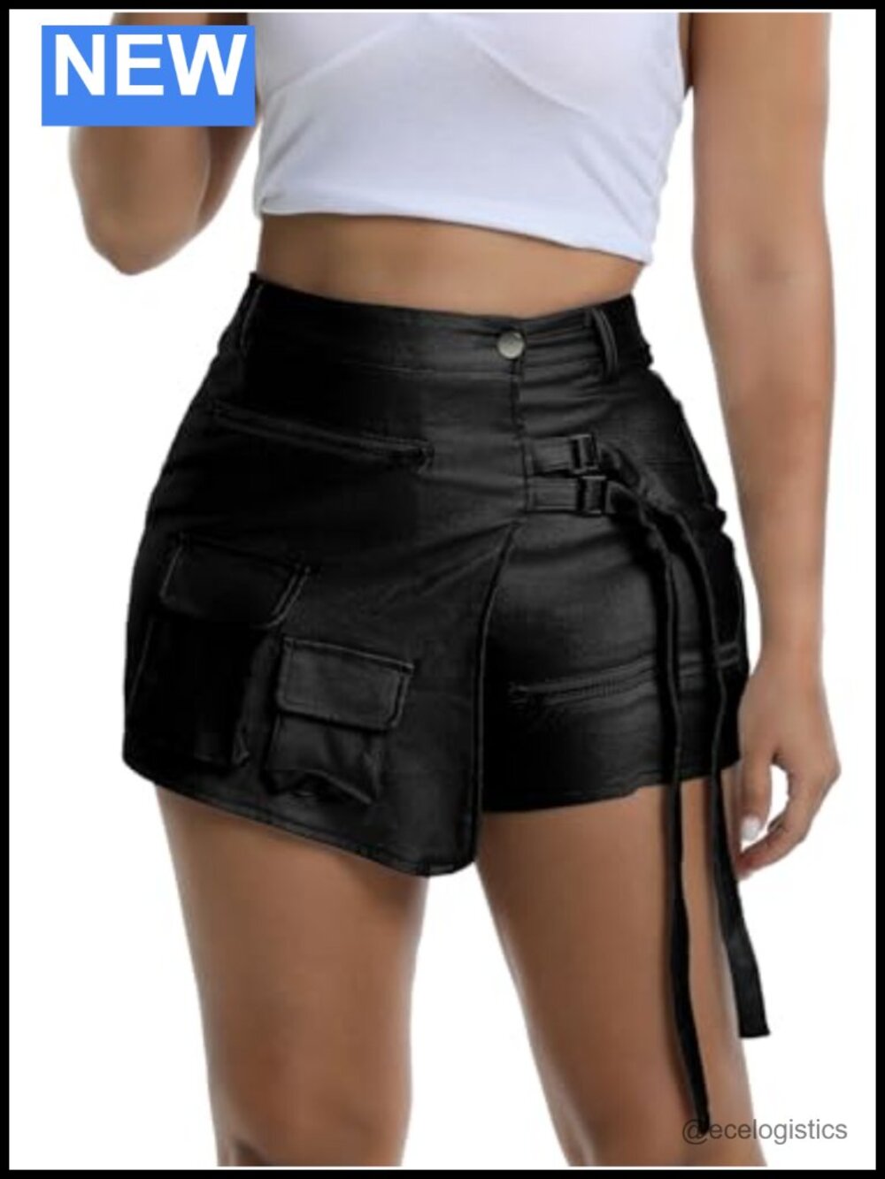 Faux Leather Coated High Waisted Cargo Skorts Slim Fit Rave Party